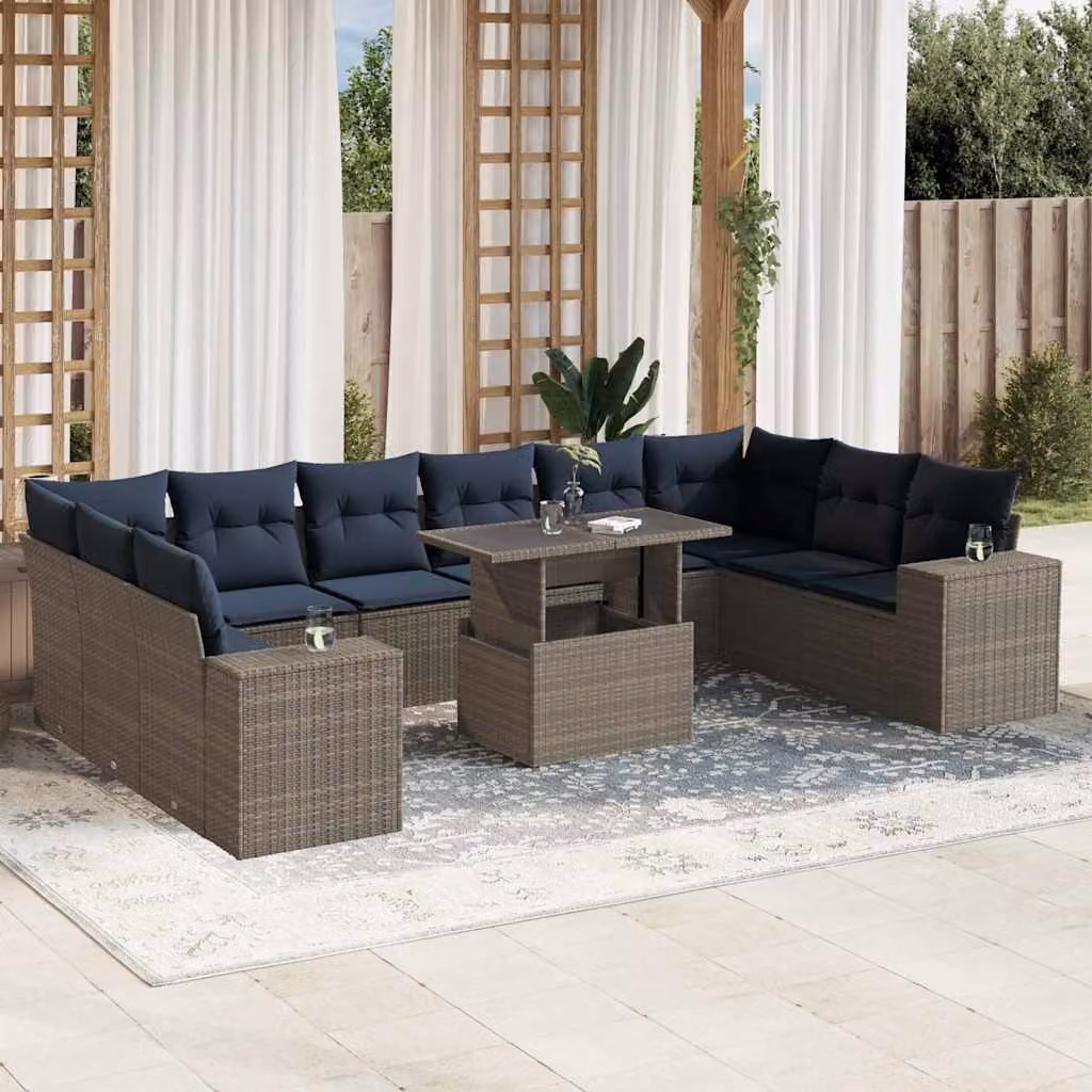 Set di divani da giardino vidaXL in polyrattan grigio con 11 pezzi, inclusi cuscini e tavolino da esterno