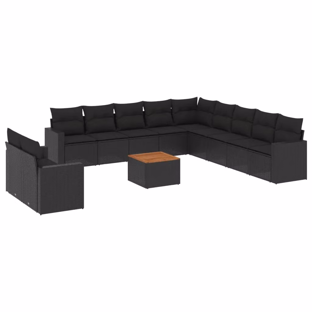 vidaXL Set Divani da Giardino a Forma di U in Polyrattan Nero con Cuscini e Tavolino da Esterno – 2