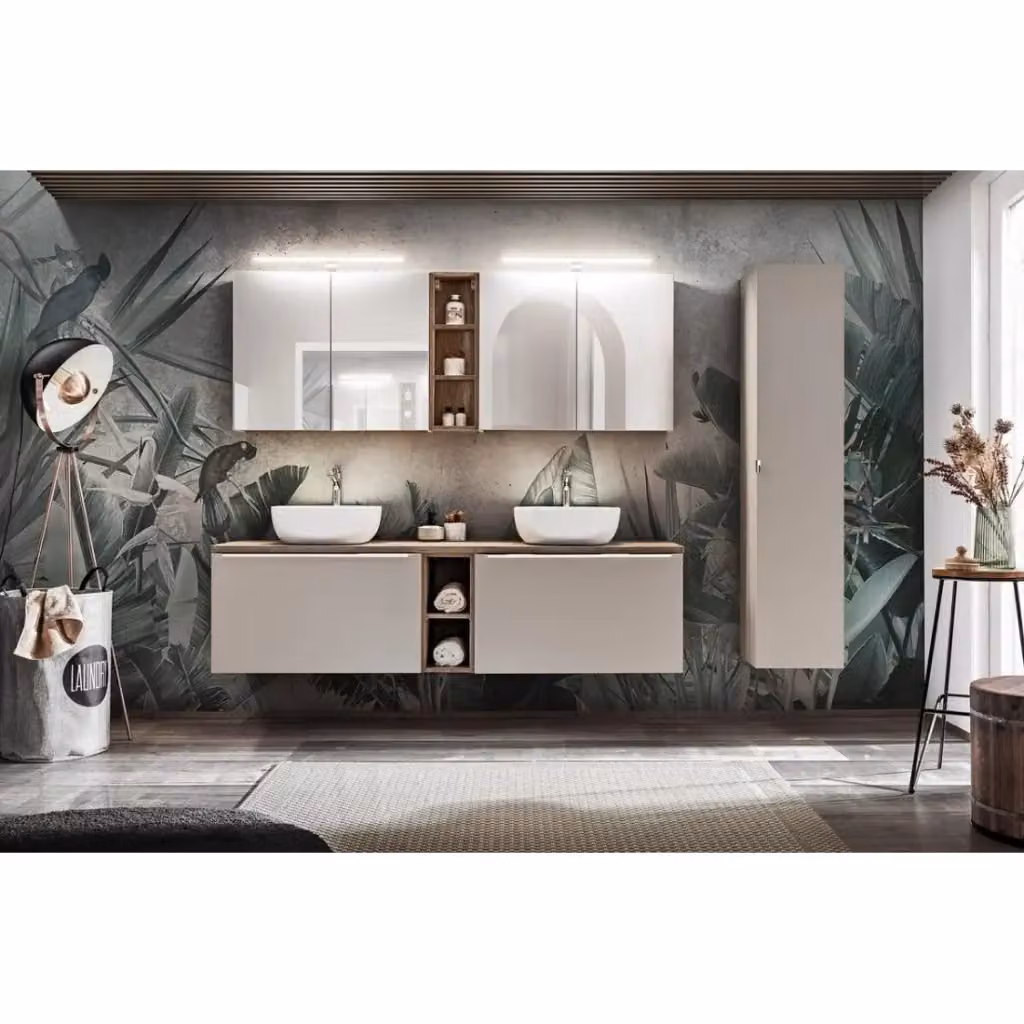 Set da bagno Meublorama VANTA beige: mobile sottolavabo con piano e 2 lavabi bianchi da appoggio L: 180 cm, P: 64 cm, H: 46 cm – 2