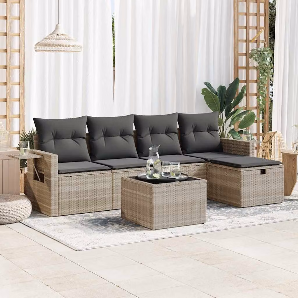 Set Divano da Giardino vidaXL a Forma di L in Polyrattan Grigio con 6 Pezzi e Cuscini Imbottiti