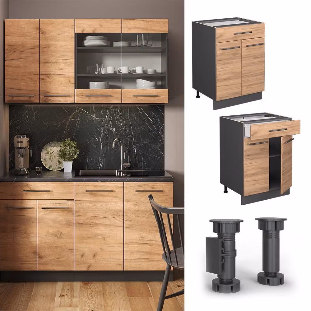 Mobiletto base per cucina Vicco Fame-Line Rovere dorato e Antracite con cassetto, Larghezza: 60 cm – 2
