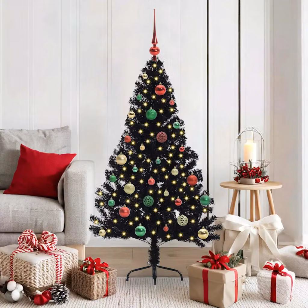 Albero di Natale artificiale moderno vidaXL con luci LED bianco caldo, colore nero, in PVC e metallo, Altezza: 150 cm