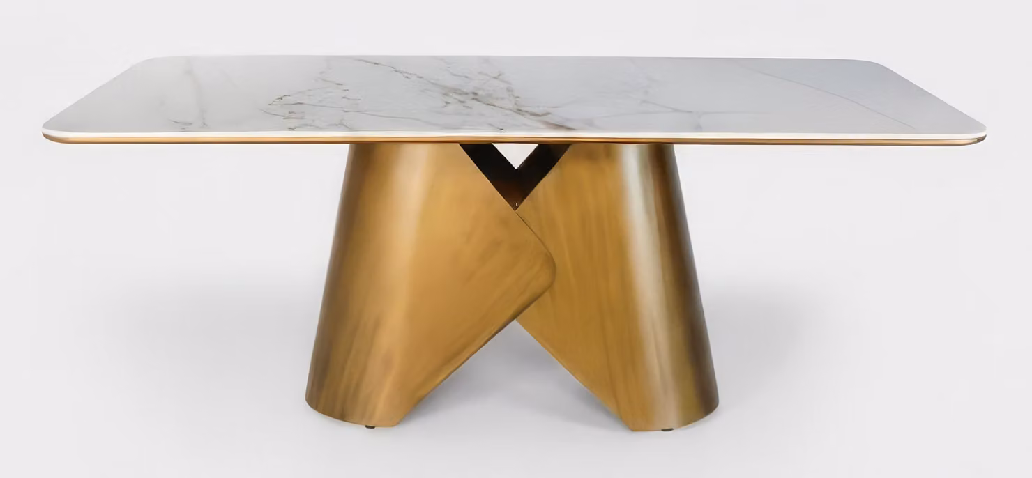 Tavolo da pranzo moderno, finitura oro e bianco, aspetto marmo, design elegante, nuovo