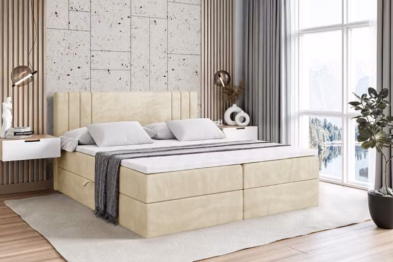 Letto boxspring ALTDECOR con materasso H3 e topper - 120 x 200 cm - IDRIKO - Velluto beige - Letto imbottito con contenitore e rete a doghe, letto con spazio contenitivo