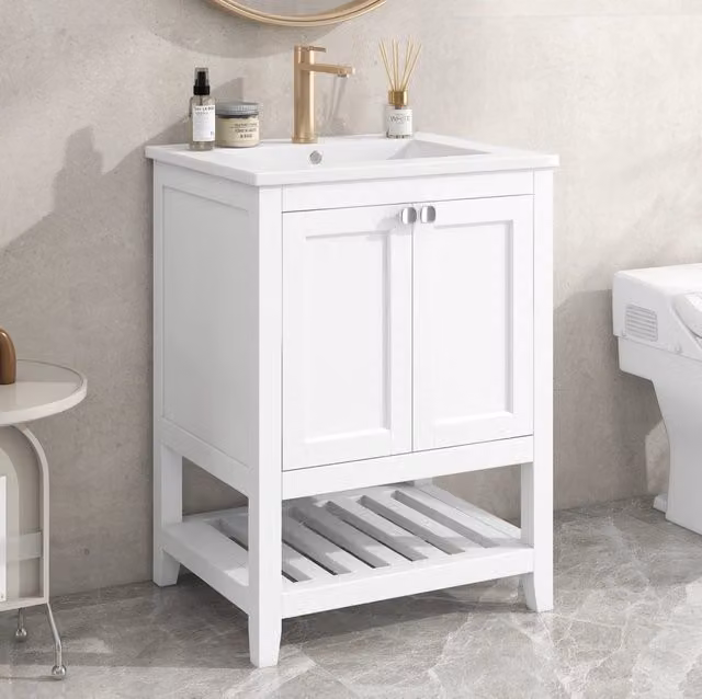 Mobile bagno a pavimento bianco con lavabo in ceramica; legno massello e MDF