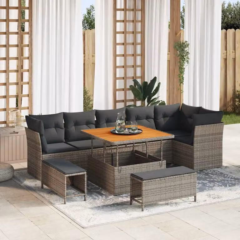 Set Divano da Giardino Moderno vidaXL in Polyrattan Grigio con 9 Pezzi e Cuscini Inclusi