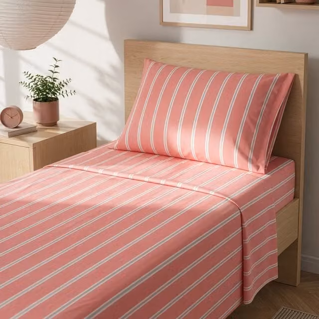 Completo letto singolo KASANOVA a righe corallo in cotone, include lenzuolo piano, lenzuolo con angoli e federa, 90x200 cm