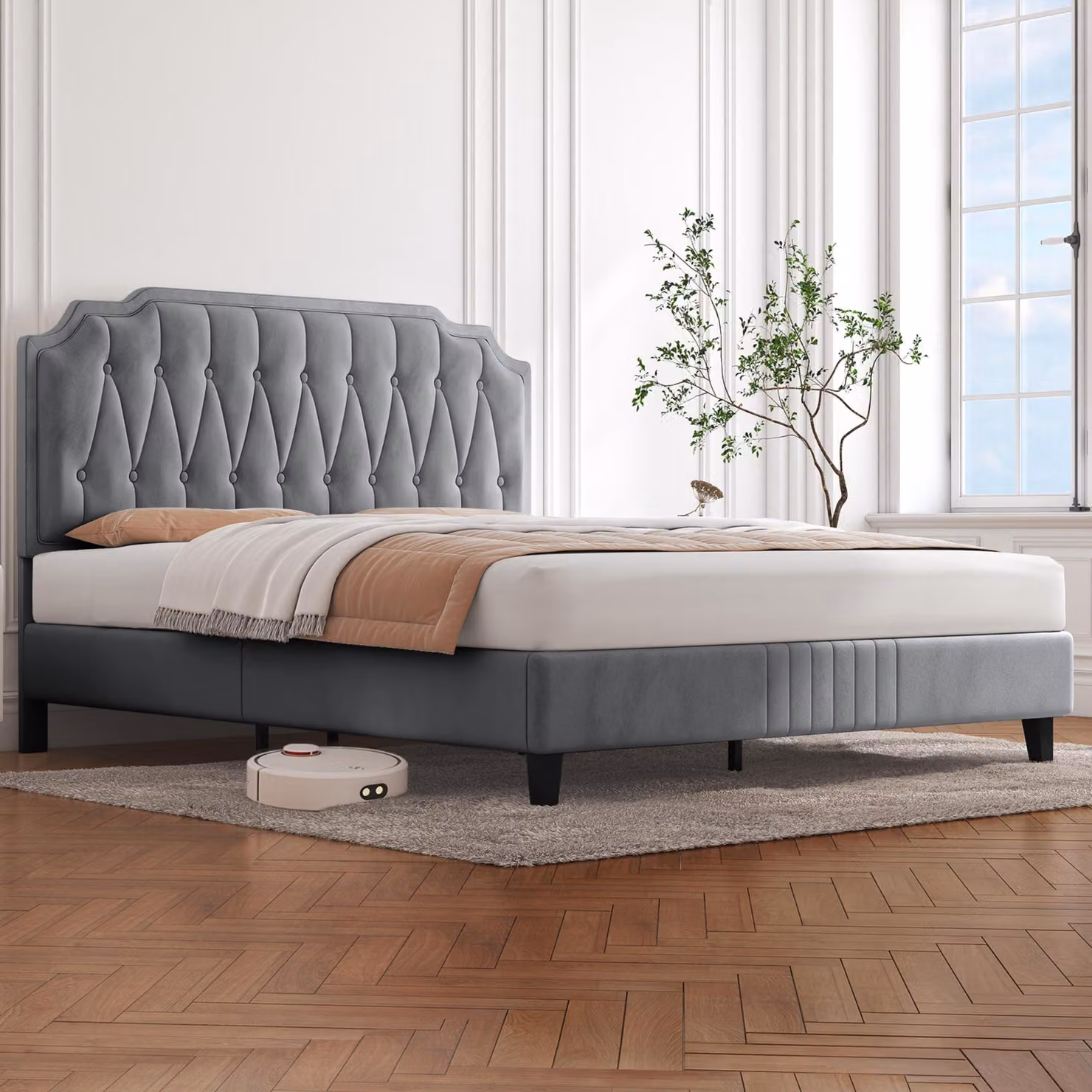Letto imbottito matrimoniale Yaheetech, 140 x 200 cm, struttura del letto rivestita in tessuto