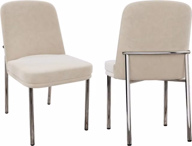 Set 2 Sedie da Pranzo Beige in Velluto con Cuscino Spesso e Gambe in Metallo Argentato, Stile Minimalista Moderno