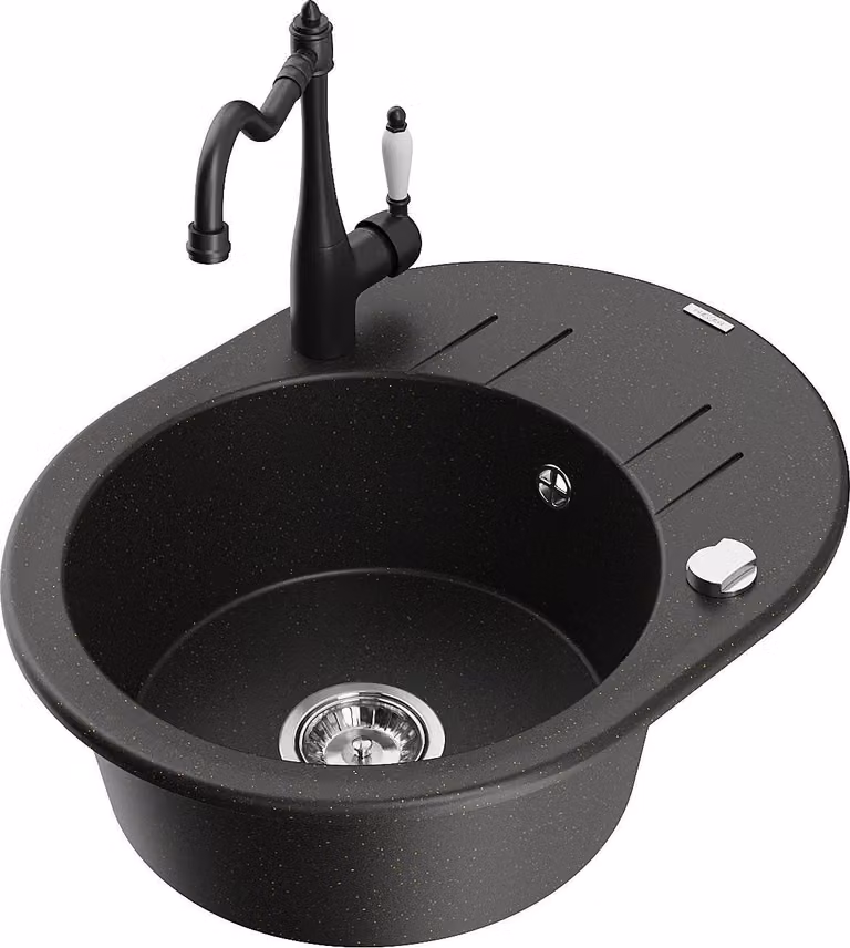 Mexen Kevin lavello in granito a 1 vasca con sgocciolatoio e rubinetto da cucina Carla, nero/oro metallizzato