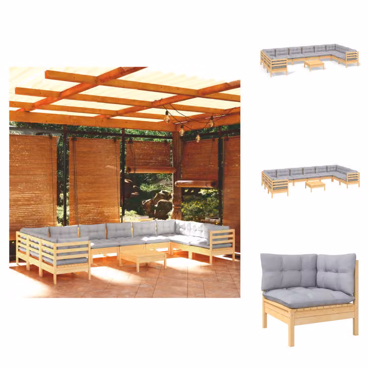 vidaXL set salotto da giardino 11 pezzi con cuscini grigi in legno di pino - Set di mobili da giardino