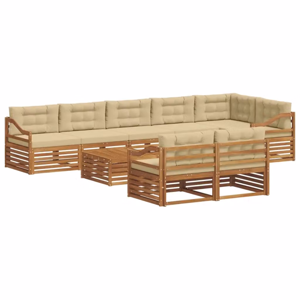Set di divani da esterno vidaXL a L composto da 9 pezzi in legno di acacia con cuscini in tessuto color sabbia e beige – 2
