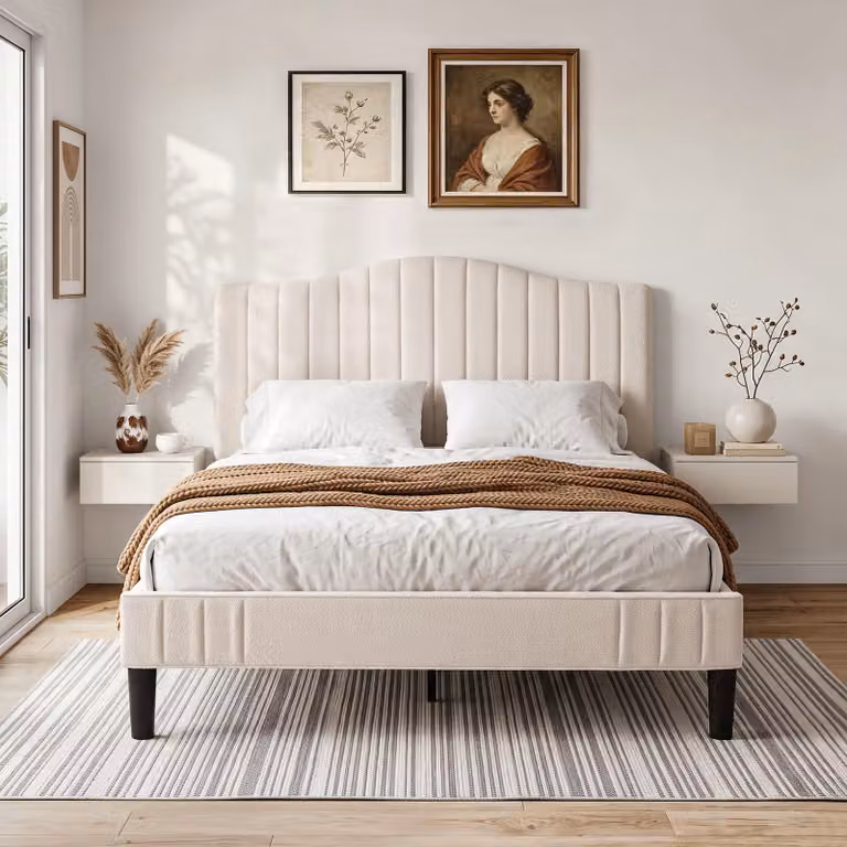 Letto imbottito VECELO, 140x200 cm, matrimoniale, con struttura rivestita in tessuto effetto peluche e regolabile in altezza