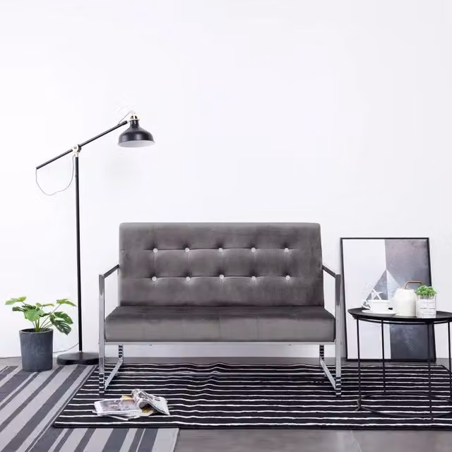 Divano a 2 Posti con Braccioli-Sofa 2 Posti Grigio Scuro Cromato e Velluto