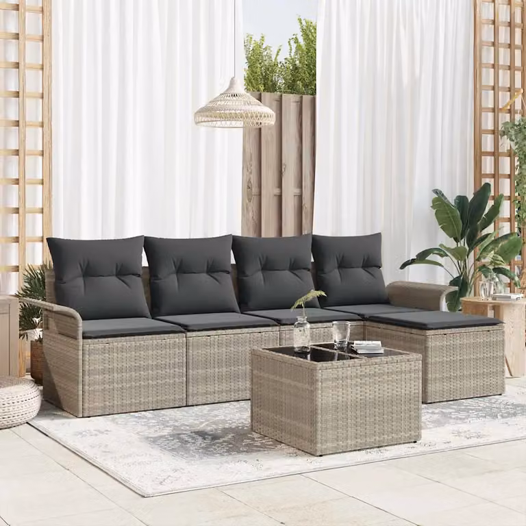 Set da esterno vidaXL in polyrattan grigio con cuscini e struttura in metallo