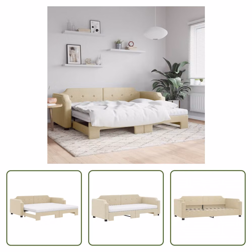 The Living Store letto da giorno allungabile con materassi panna 80x200 cm in tessuto