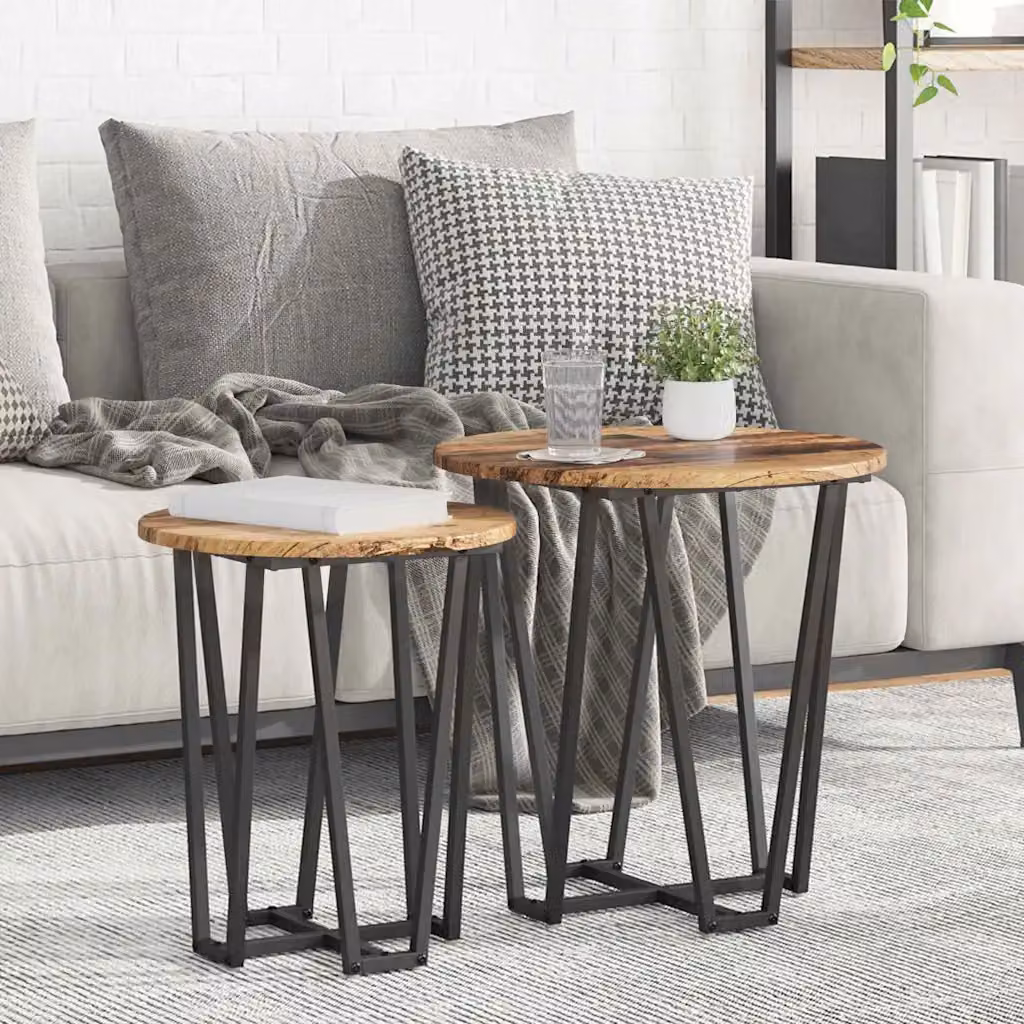 Set di 2 tavolini rotondi vidaXL in stile industriale, colore legno antico e nero, L/P/H: 50 x 50 x 50,5 cm