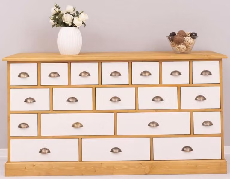 Casa Padrino cassettiera in stile country colori naturali / bianco 180 x 48 x H. 95 cm - Mobile in legno massiccio con 19 cassetti - Mobili in stile country - Mobili in stile country - Arredi in stile country