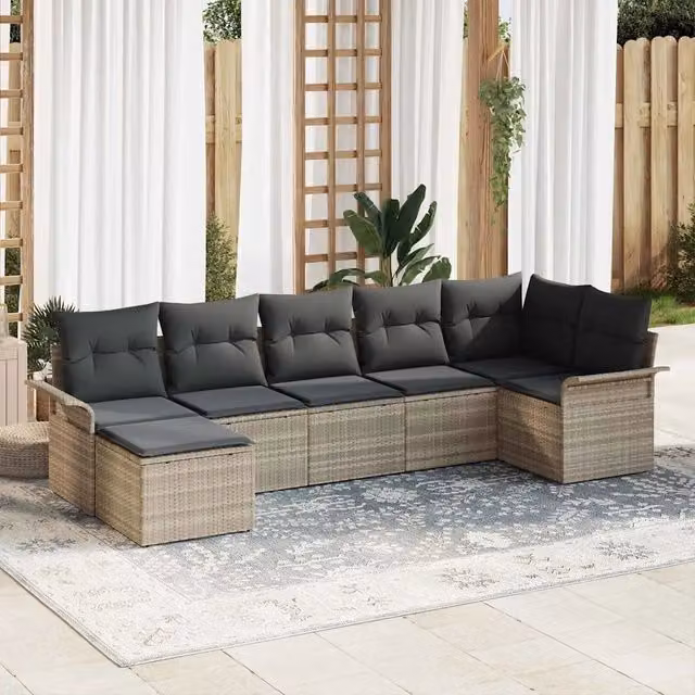 Set Divano da Giardino a L vidaXL in Polyrattan Grigio con 7 Pezzi e Cuscini