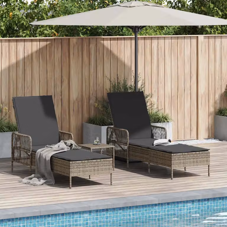 Set di 3 lettini da sole vidaXL in polyrattan e metallo grigio con poggiatesta regolabile