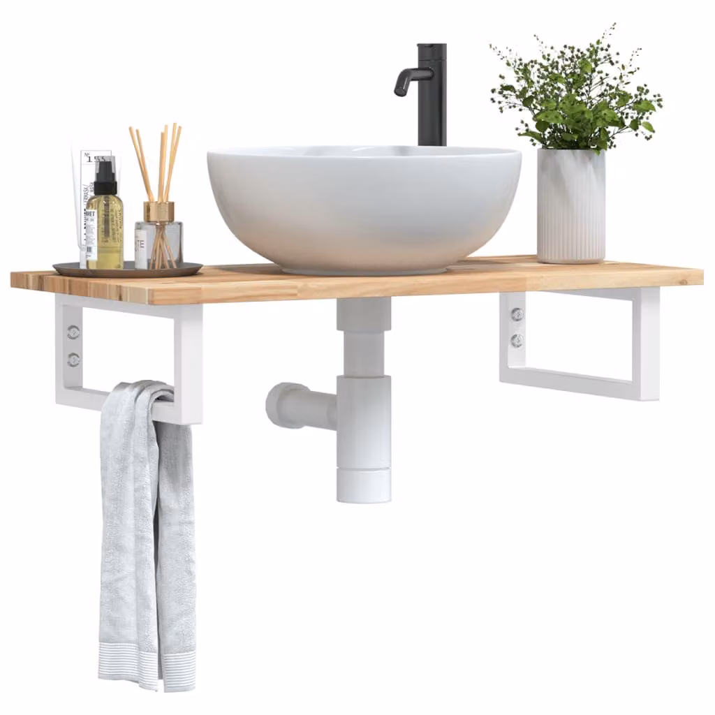 vidaXL Ripiano a Parete per Lavabo in Acciaio e Legno di Acacia, Bianco e Marrone, L: 40 cm, P: 17 cm, H: 40 cm