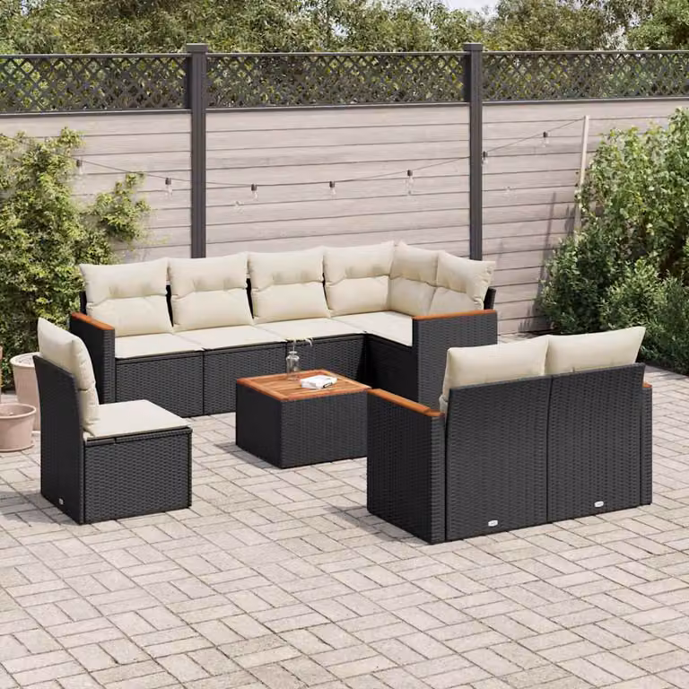 vidaXL Set Divani da Giardino 9 pz in Polyrattan con Cuscini e Tavolino da Esterno Nero e Bianco