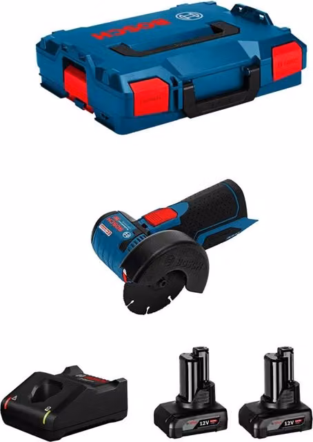 Smerigliatrice Bosch GWS 12V-76 blu con 2 batterie da 6,0 Ah, caricabatterie GAL12V-40 e custodia L-Boxx 102