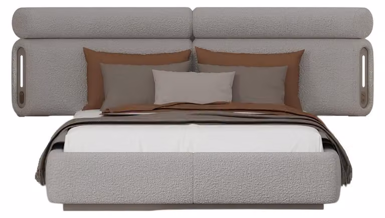 Letto in stile moderno, beige, morbido, con imbottitura soffice e struttura in legno