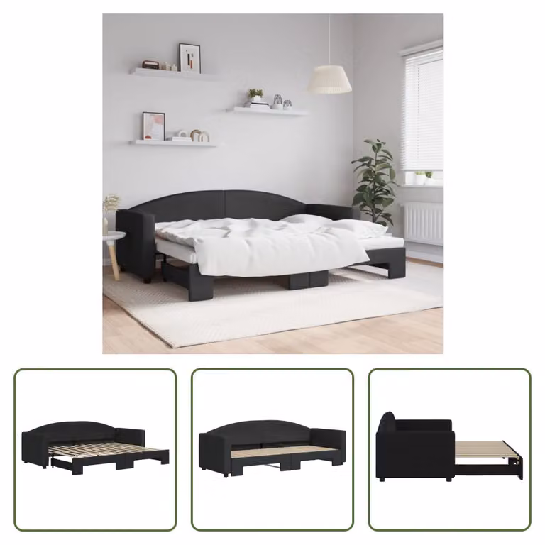 The Living Store letto da giorno allungabile nero 80x200 cm in tessuto
