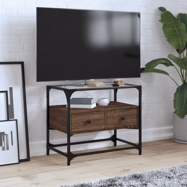 Mobile TV vidaXL in stile industriale con piano in vetro e legno rovere marrone, L 60 cm x P 35 cm x H 51 cm