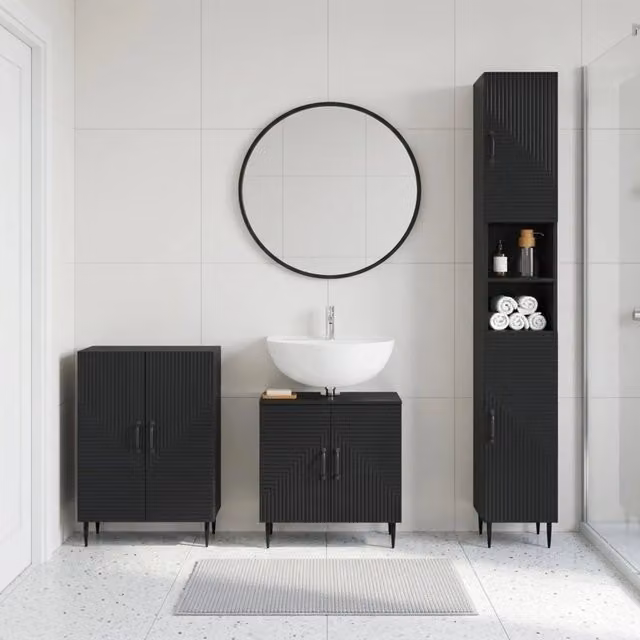 Set di armadietti da bagno moderni vidaXL HAARLEM in 3 pezzi, colore nero opaco, in MDF – 1