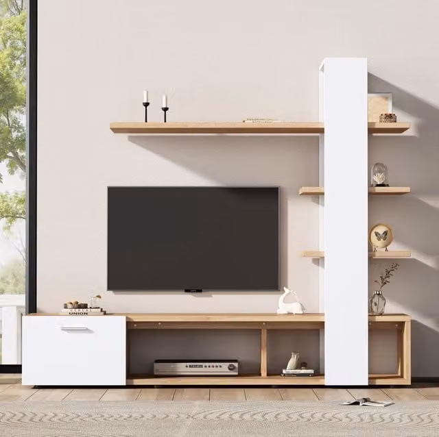 Mobile TV a parete 180 x 33,5 x 151,5 cm bianco e legno con ripiani e anta