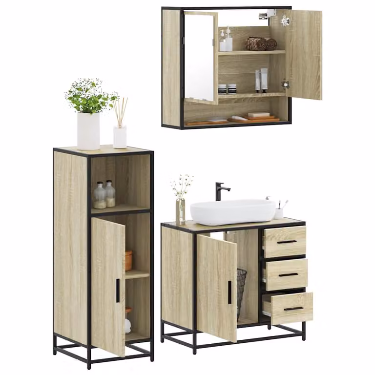Set di mobili da bagno industrial vidaXL in legno e metallo marrone composto da 3 pezzi con armadietto specchio e mobile lavabo L/P/H: 65 x 60 x 20 cm