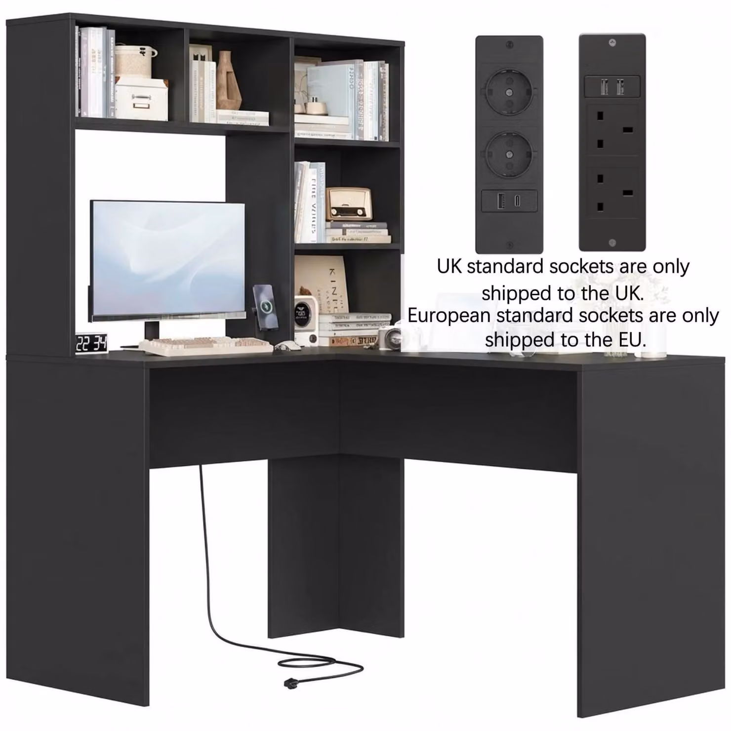 Scrivania angolare - Scrivania per computer a L - Ufficio e home office - Con ripiani portaoggetti - Legno - 124,7 x 107,8 x 152,5 cm - Nero