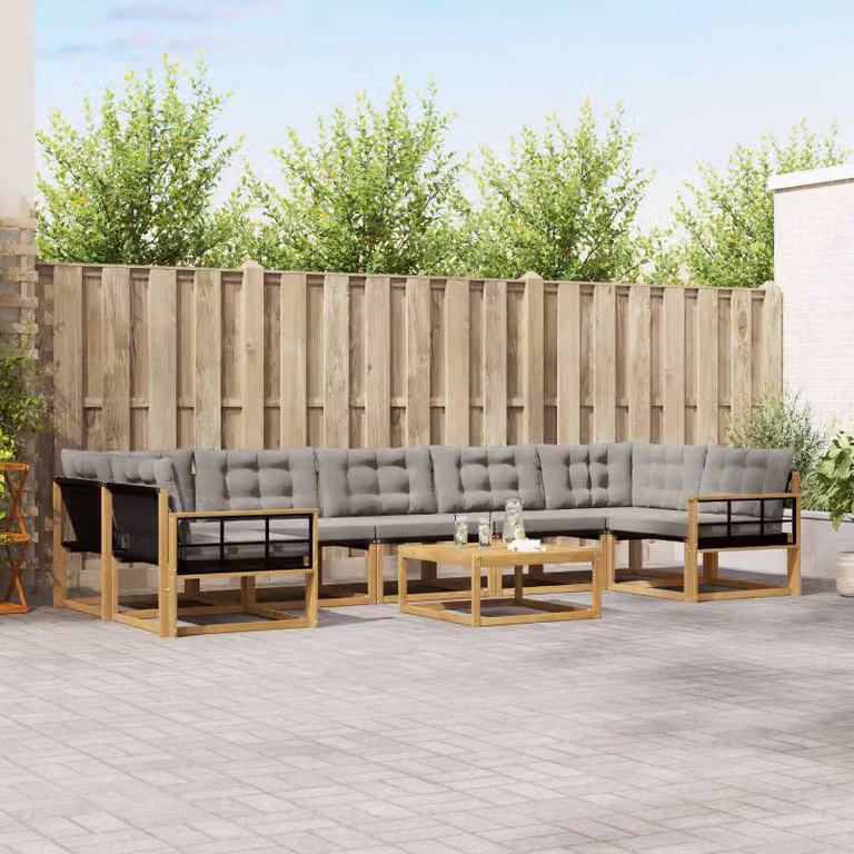 Set di divani da esterno vidaXL a forma di L con tavolo da caffè, 8 pezzi, in legno di acacia e tessuto textilene, Bianco e Grigio
