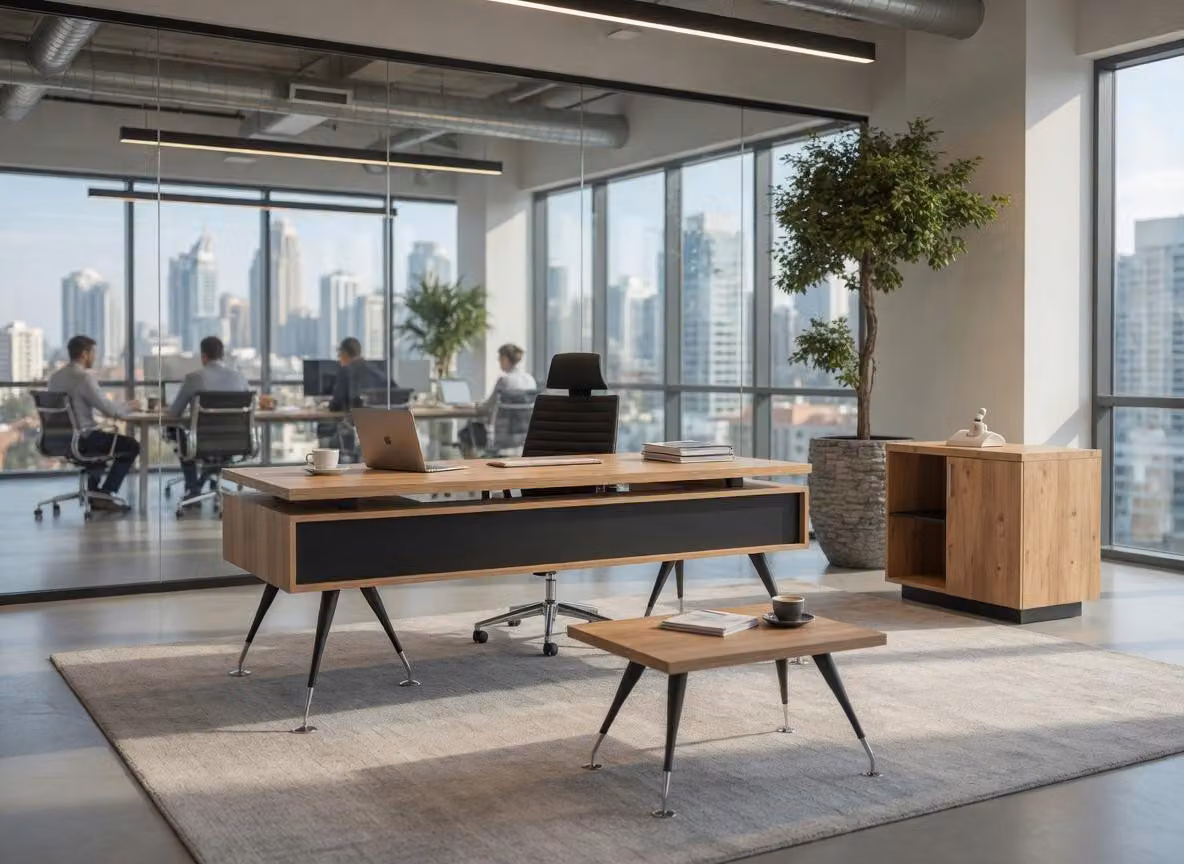 Set da ufficio moderno composto da scrivania, credenza e tavolino
