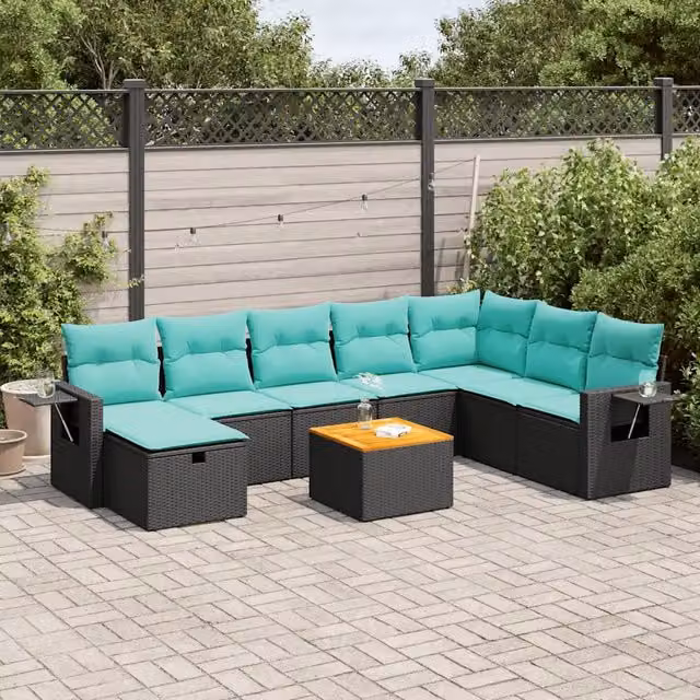 Set Divani da Giardino 9 pz con Cuscini Nero in Polyrattan 3325830