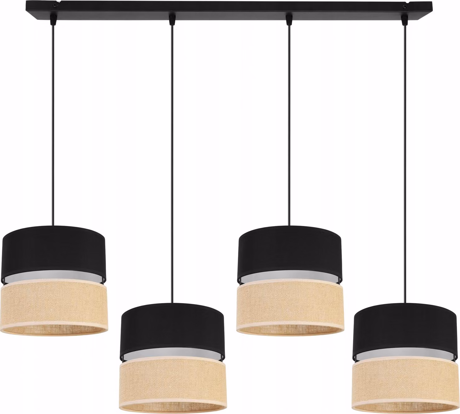 Light-Home Juta lampada a sospensione - Metallo con paralume in tessuto - E27 - Classica 4 lampadine da 20 cm - Base nera e juta e nero
