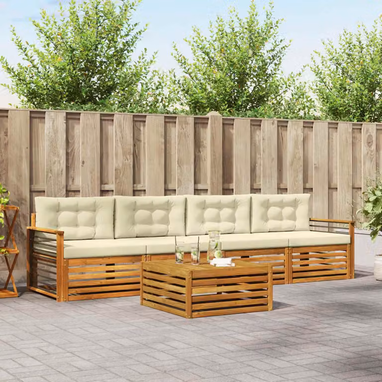 Set di divani da esterno vidaXL 5 pezzi in legno di acacia con cuscini beige e bianco per giardino e terrazza