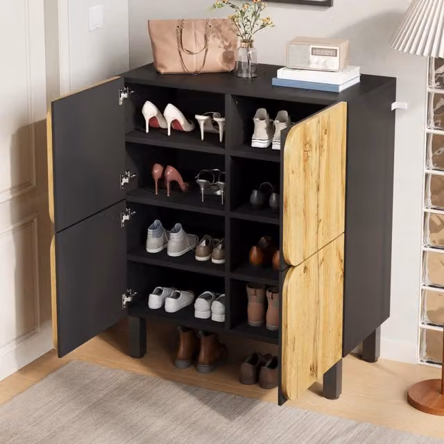Scarpiera con ripiani regolabili e chiusura ammortizzata in MDF nero e naturale 80 × 38.5 × 95 cm