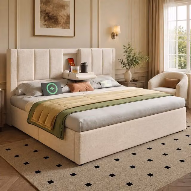 Letto imbottito ULEVR 140x200 cm con contenitore idraulico, ricarica USB/Type-C e portabicchieri, lino beige