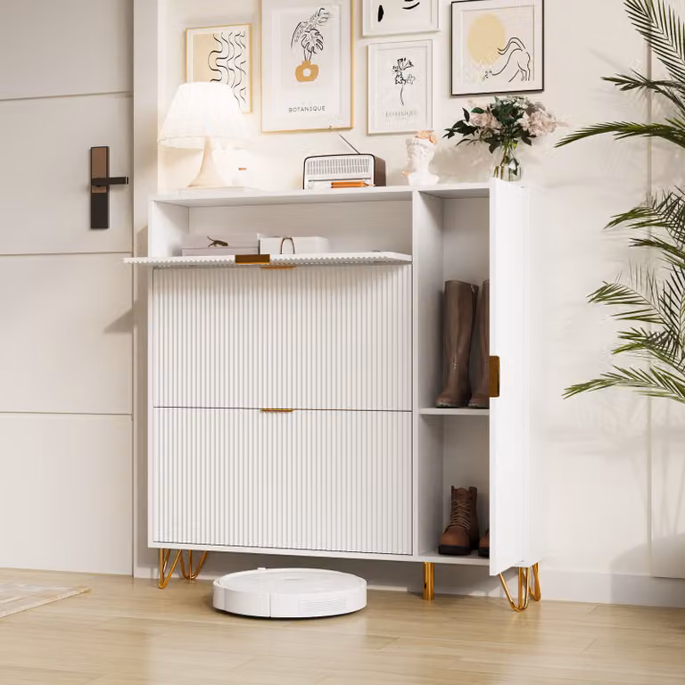 Cassettiera UnboxG, credenza con 2 sportelli scarpiera ribaltabile, mobile da soggiorno con ante, con gambe in metallo, 110x111,5x24cm, bianco