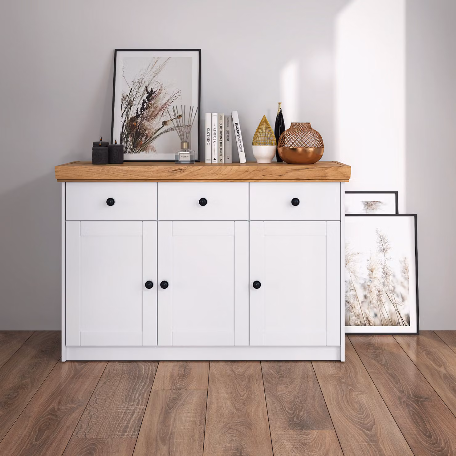 Homestyle4u cassettiera credenza rovere opaco bianco legno massiccio mobile con cassetti credenza alta