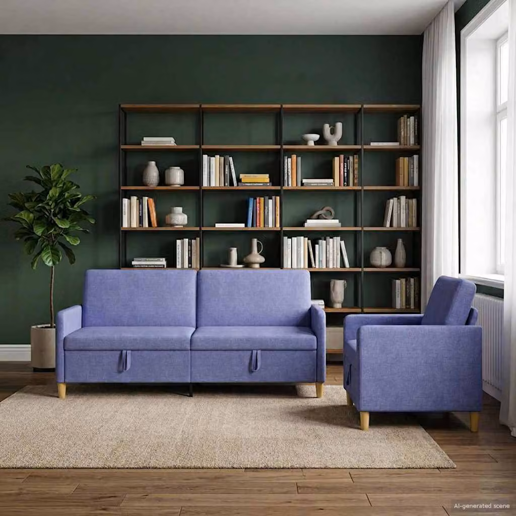 Set di divani moderni vidaXL con contenitore, composto da divano a 3 posti, divano a 2 posti e poltrona, rivestimento in tessuto blu e marrone con coperture rimovibili