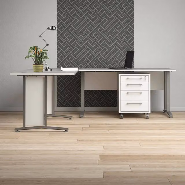 Scrivania DMORA moderna con cassettiera, tavolo da ufficio rettangolare in MDF laminato opaco, L: 230 cm, P: 200 cm, H: 75 cm, Bianco e Grigio