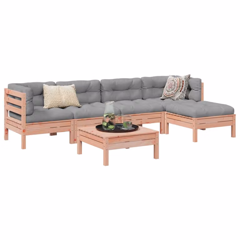 Set di divani da giardino vidaXL in legno massello con cuscini, composizione a L con 6 pezzi, colore marrone e grigio