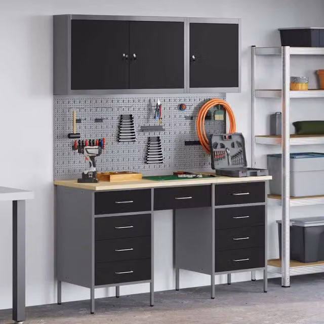 Mobile da lavoro vidaXL con 8 cassetti in acciaio e legno, Nero e Grigio, L: 150 cm, P: 50 cm, H: 85 cm