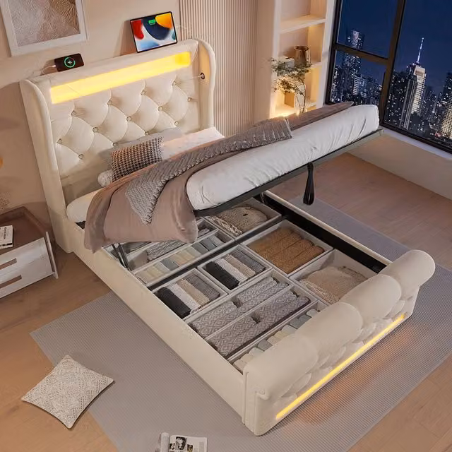 Letto singolo-Xylo-90x200 cm-LED, USB-C, idraulico, velluto beige