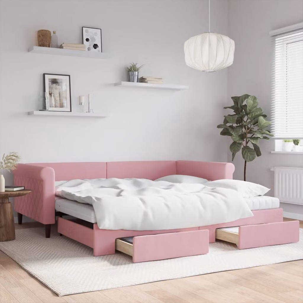 vidaXL Divano Letto Estraibile in Velluto Rosa con Cassetti L/P/H: 229 x 100 x 68 cm