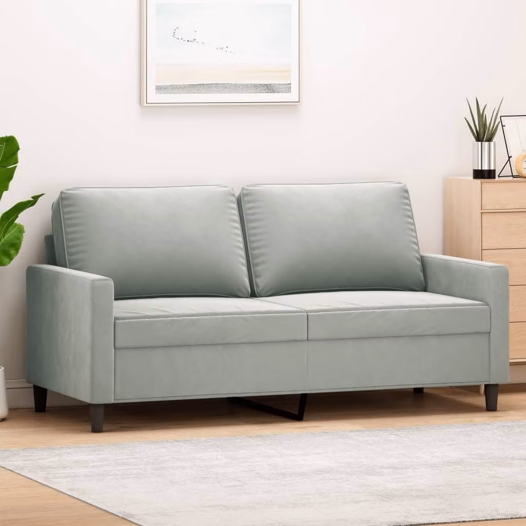 Divano a due posti, colore grigio chiaro, tessuto velluto, dimensioni 140 cm